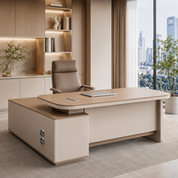Bureau de direction en bois grainé beige, table de patron avec armoire de rangement latérale, mobilier de bureau sur mesure, vente en gros