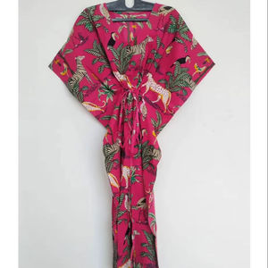 Vestido Kaftán de Algodón con Estampado Floral Hecho a Mano, Maxi Vestido Indio para Playa, Cuello en V, Secado Rápido y Transpirable, para Verano, Otoño y Primavera - Product Image 1