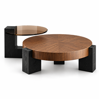 Table basse ronde en bois massif avec tiroirs de rangement, pieds noirs en bloc et table d'appoint en verre pour salon, hôtel, villa
