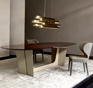 Juego de Mesa de Comedor Ovalada Moderna de Lujo Ligero para 8 Personas, Mesa de Comedor de Madera Maciza con Base de Mármol, <span class=keywords><strong>Cuero</strong></span> y Metal - Product Image 2