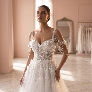 Hand Beaded Sleeveless O-Neck Modern Bridal Dress Crystal Embroidery Draped Satin Skirt Natural Waistline Floor-Length Sweep - Product Image 5