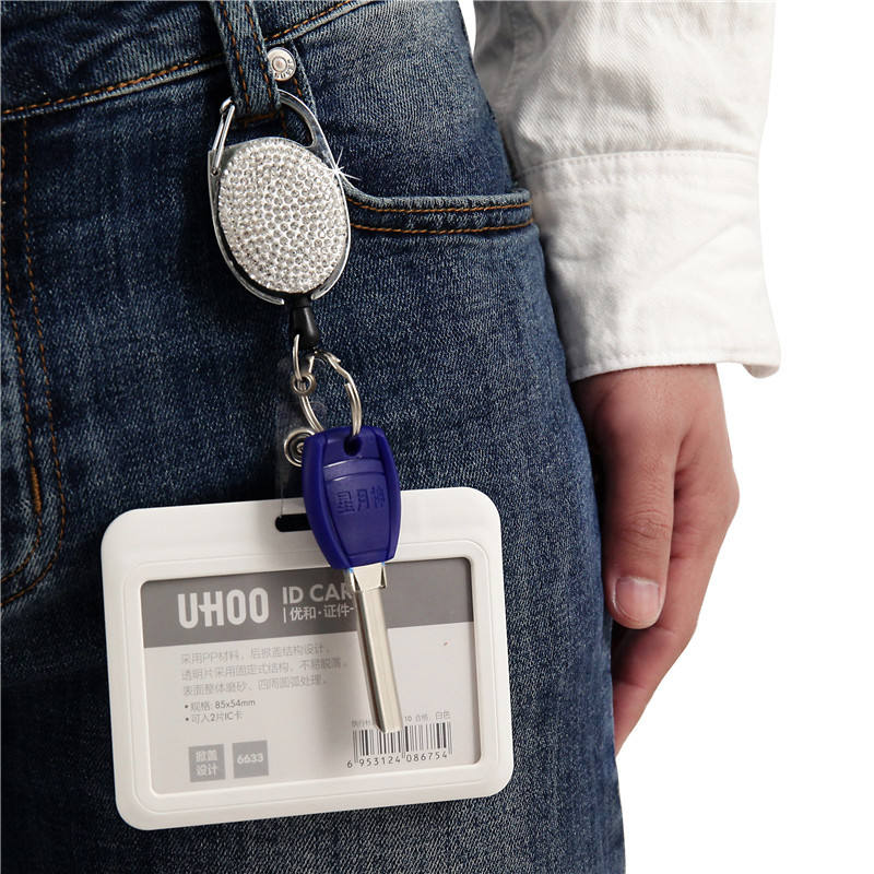 Rhinestone Retractable Badge Reel Keychain Hookable Oval ID Badge Holder With Back Clip And An O-ring