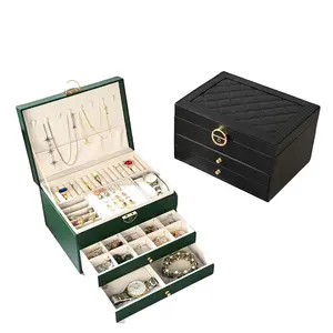 Luxury Large 3 Layers Slide Drawer Wood and Leather Jewelry Storage Box Earring Bracelets Watch Storage Case