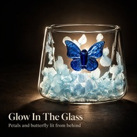 Tasse en verre à double paroi avec pétales séchés et papillon en verre, tasse à thé transparente pour café, jus, maison, café, cadeau