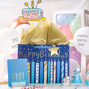 Birthday Gift <b>Bag</b> With Card And Tissue Paper Blue Gold Foil Candle Design 16 Inch Large Size For Birthday Celebration - Product Image 4