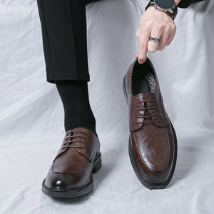 Zapatos Oxford de Cuero Genuino para Hombre, Punta Redonda, con Cordones, Suela de Goma Antideslizante, Zapatos de Vestir para Toda Temporada, Color Marrón Sólido - Product Image 3