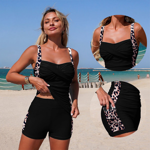 Custom Women Tankini Set Leopard Print Contrast Splicing Two Piece <strong>Swimsuit</strong> With <strong>Boyshort</strong> Bottom Summer Beach Bathing Suit - Product Image 2