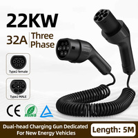 Câble de chargeur EV double tête Type 2 22KW ROMADA 5M, cordon en cuivre pur enroulé, broches plaquées argent, étanche IP55, 32A