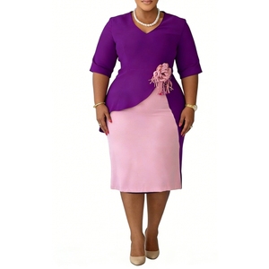 เดรสผู้หญิงสีสันตัดกันแบบไม่สมมาตรความยาวปานกลาง - แต่งลายดอกไม้ 3 มิติที่เอว คอวี ชุดเดรสออกงานสไตล์แอฟริกันสำหรับผู้หญิง แฟชั่น - Product Image 1