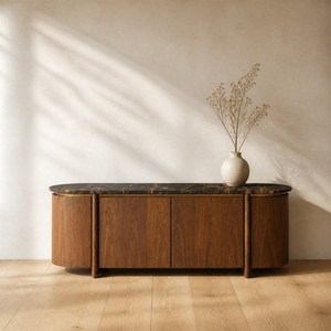 Buffet en bois massif courbé de style Mid-Century Modern avec plateau en marbre, console <span class=keywords><strong>TV</strong></span>, meuble de rangement pour salon, maison, hôtel, villa - Product Image 4