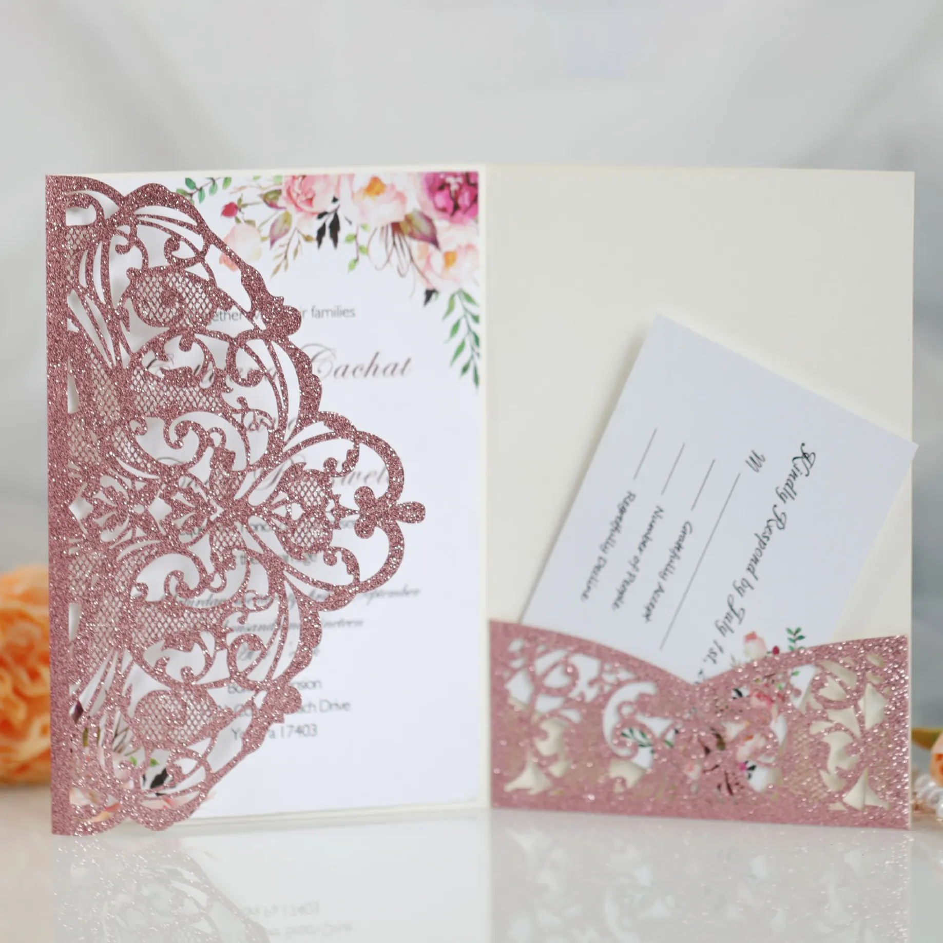 Cartões de convite de casamento com dobras, cartões vermelhos cortados a laser para casamento, cartão de agradecimento para aniversário e noivas, de alta qualidade