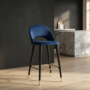 Tabouret de bar moderne de luxe en velours bleu avec dossier incurvé et pieds en métal pour hôtel, appartement, comptoir - Product Image 2