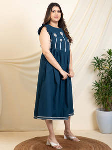 Solid Cotton Plus Size A-line <b>Dress</b> for Women Round Neck Short Sleeves Midi <b>Dress</b> Summer Western Party Casual Wear Stylish <b>Dress</b> - Product Image 1