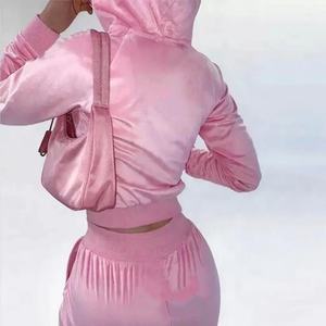 Sweat-shirt à capuche court personnalisé avec fermeture éclair, logo brodé, sweat-shirt en velours et pantalon de jogging en velours, ensemble de survêtement deux pièces pour femmes - Product Image 3