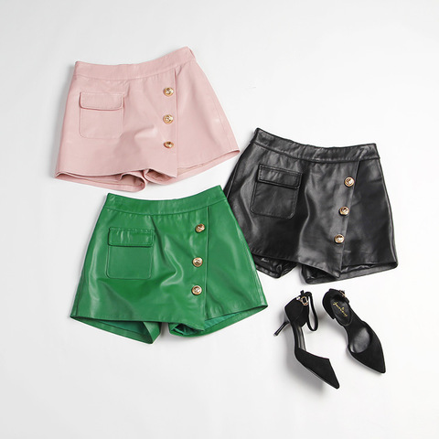 Cost Effective Stylish Ladies Leather Short Pocket Button Decoration Women's Real Leather Shorts