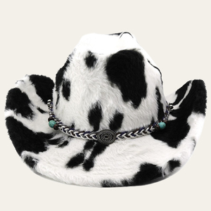 Cappello da Cowboy in Pelliccia Stile Western con Stampa Mucca Bianco e Nero, Morbido e Soffice, per Abiti Moda Autunno Inverno - Product Image 2