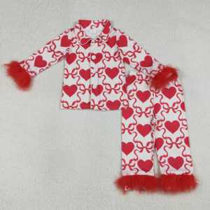 GLP3221 Venta al por Mayor RTS Conjunto de Ropa de Manga Larga con Estampado de Corazón y Lazos Rojos para Niña Pequeña, Pijamas para Niños - Product Image 2