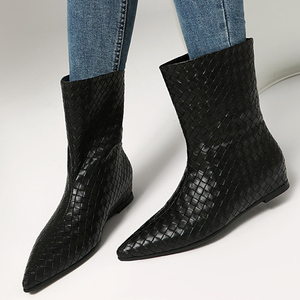 Wholesale Price Women's Braided <b>Flat</b> Heels Ankles Boots Solid on Shoes <b>Pointed</b> <b>Toe</b> Solid Short Booties - Product Image 4