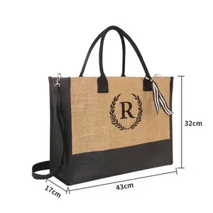 Burlap Beach Bags with Handle Reusable Tote Grocery Shopping Bag Large Capacity Waterproof Lining Shoulder Bag with Pocket