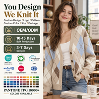 Cardigan en tricot pour femme, motif losanges, col en V, coupe oversize, personnalisable, vente en gros, OEM ODM, faible MOQ