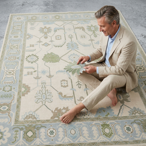 Customizable Abstract Neutral Oushak Washable Non-Slip Area Rug Faded <b>Wool</b> for Bedroom & Living Room Blue & Beige Turkish Rug - Product Image 2