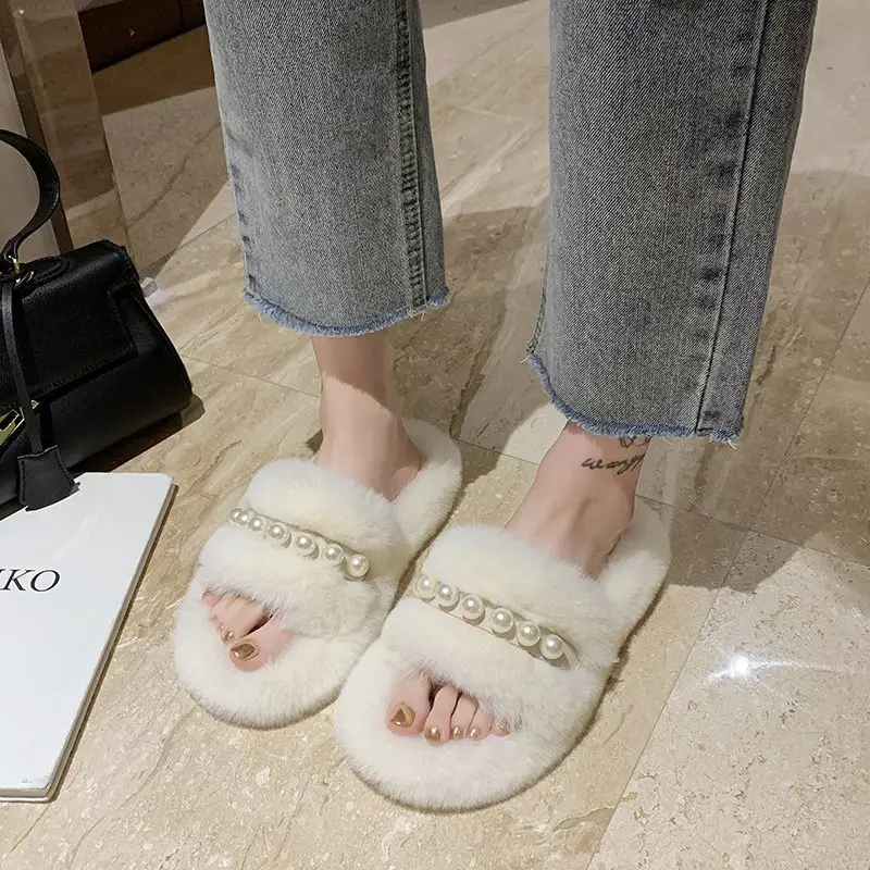 Fur Slippers Women's 2022 Winter Round Head Indoor Solid Color Cotton Slippers Lady