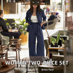 Nouvel ensemble deux pièces pour femme, style estival doux, pantalon ample et haut court, motif uni, longueur cheville, ODM, séchage rapide, lin/coton - Product Image 2