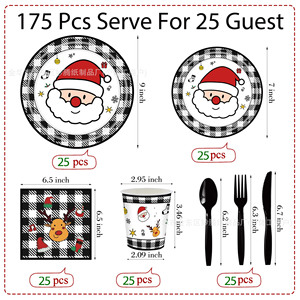 Christmas <b>Disposable</b> Tableware Set Paper <b>Plates</b> Cups Napkins With Santa Design For Holiday Party - Product Image 2