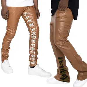 กางเกงหนังเทียมสำหรับผู้ชายกางเกงหนังพลวงแบบเย็บปักแบบเงากางเกงหนังสังเคราะห์สำหรับผู้ชาย