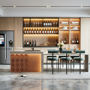 Meubles de <span class=keywords><strong>cuisine</strong></span> modernes de luxe sur mesure avec casier à vin LED intégré et façade à relief rond pour l'amélioration de l'habitat - Product Image 1