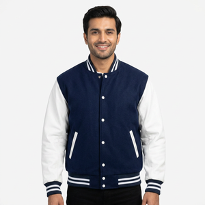 Premium Men's Letterman Baseball Varsity Bomber Jacket Stand Collar High Quality Breathable Windproof Thick <b>Wool</b> - Product Image 1