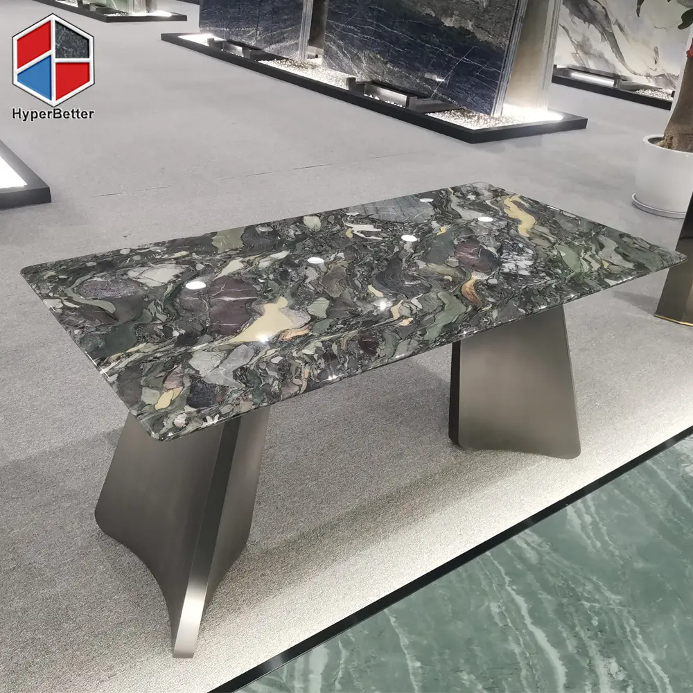 緑の大理石のテーブルトップ長方形SSスタンド付きの四季の大理石のダイニングテーブル