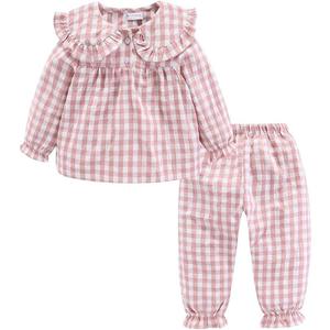 ชุดเสื้อผ้าสำหรับเด็กลายสก็อตสีเหลืองปกคอเสื้อมีระบายแขนยาวกางเกงผ้าฝ้ายเนื้อนุ่มติดป้ายได้ตามต้องการ - Product Image 2