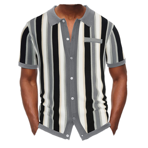 T-shirt tricoté d'été pour homme, décontracté, à rayures, col à revers, 100 % coton, anti-rides, haute qualité - Product Image 1