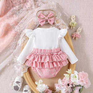 Conjunto de Outono para Bebê Feminino Europeu-Americano, Novo, de Algodão, Manga Longa, Bonito, com Faixa de Cabelo Triangular, Estampa Xadrez, ODM Transfronteiriço - Product Image 2