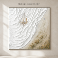 Peinture sur toile texturée de bateau à voile, art mural paysage marin Wabi-Sabi moderne, décoration intérieure neutre pour la maison