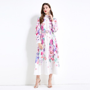 Vintage Stand Collar <strong>Printed</strong> Long <strong>Skirt</strong> Women European and American Elegant Dress - Product Image 5