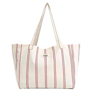 Grand sac fourre-tout en toile rayée avec poche zippée, sac à bandoulière léger et pliable pour femmes et hommes - Product Image 1