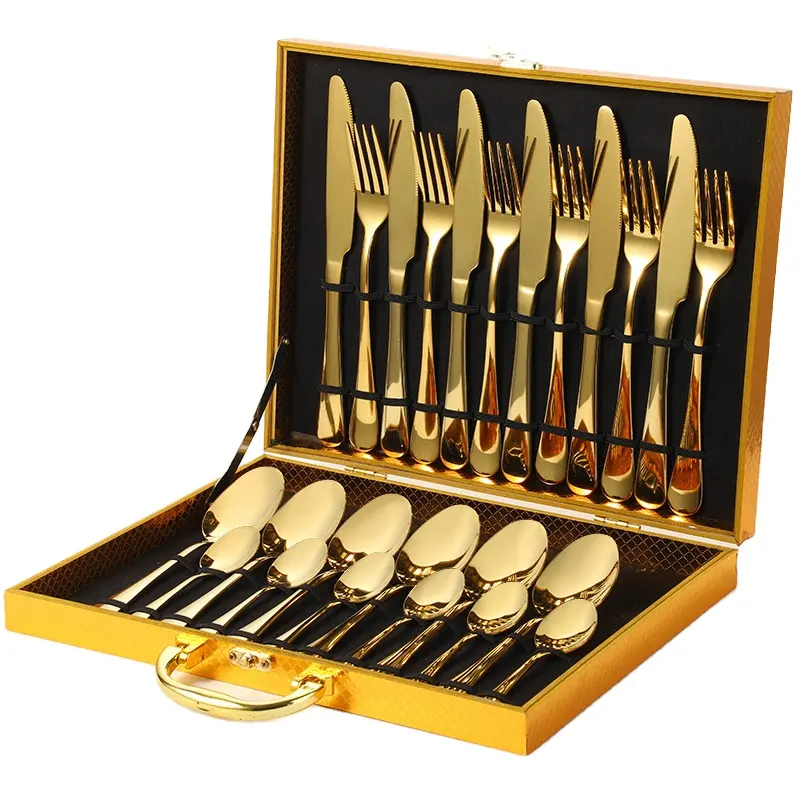 Besteck-Set Messer Gabel Löffel-Bodenware-Set Luxus Gold 24 Stück Reise-Geschenkbox Geschirrsets Edelstahl für 2 Nutzer vorgesehen