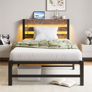 Base de Cama Doble con Plataforma y Cabecera LED con Estación de Carga USB, Diseño Moderno de Acero para Dormitorio - Product Image 6
