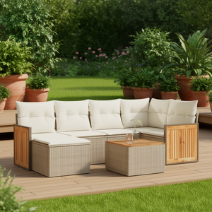 Set Divano da Giardino in Rattan Beige con Struttura in Legno di Teak, 6 Posti, Arredamento da Esterno dal Design Contemporaneo con Cuscini - Product Image 2