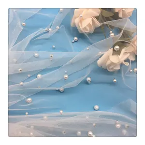 HG6719 100% nylon textile embroidered pearl tulle mesh beaded fabric with beads for bridal