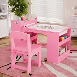 Mesa y Sillas Infantiles de Madera, Muebles de Madera para Niños Pequeños, Mesa de Dibujo de Madera <span class=keywords><strong>con</strong></span> 2 Sillas, Mesa de Manualidades <span class=keywords><strong>con</strong></span> Amplios Estantes de Almacenamiento - Product Image 1