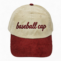 Casquette de baseball à visière incurvée avec logo personnalisé OEM, broderie 3D, en velours côtelé bicolore, non structurée, ajustable, avec lettres, pour sports de plein air