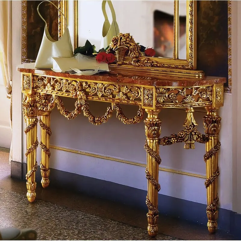 Royal Family Room Furniture Classic Antique Live Room Set Genuine Marble Top With Gold Leaf Console Table With Mirror