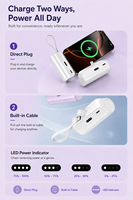 Mini batterie externe 5000 mAh pour usage quotidien, chargeur portable avec câble intégré, batterie externe à branchement direct pour la recharge en déplacement