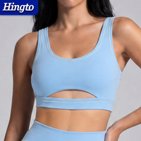 Soutien-gorge de sport dos nageur pour femme avec logo personnalisé, vente en gros, 75 % nylon 25 % élasthanne, découpe avant, surpiqûres contrastées, rembourré, pour yoga