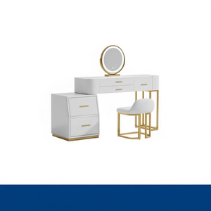 Toeletta moderna con specchio illuminato, finitura bianca e oro, con cassetti portaoggetti, mobile da camera da letto - Product Image 1