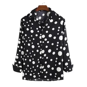 Custom new fashion white dot black men's casual long sleeve shirts