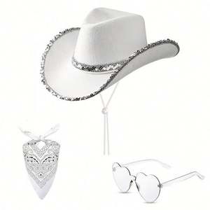 Sombrero de Vaquero Blanco en Stock con Gafas Cuadradas y Borde Plateado, Traje de 3 Piezas, Sombreros de Vaquero y Vaquera para Fiesta - Product Image 2